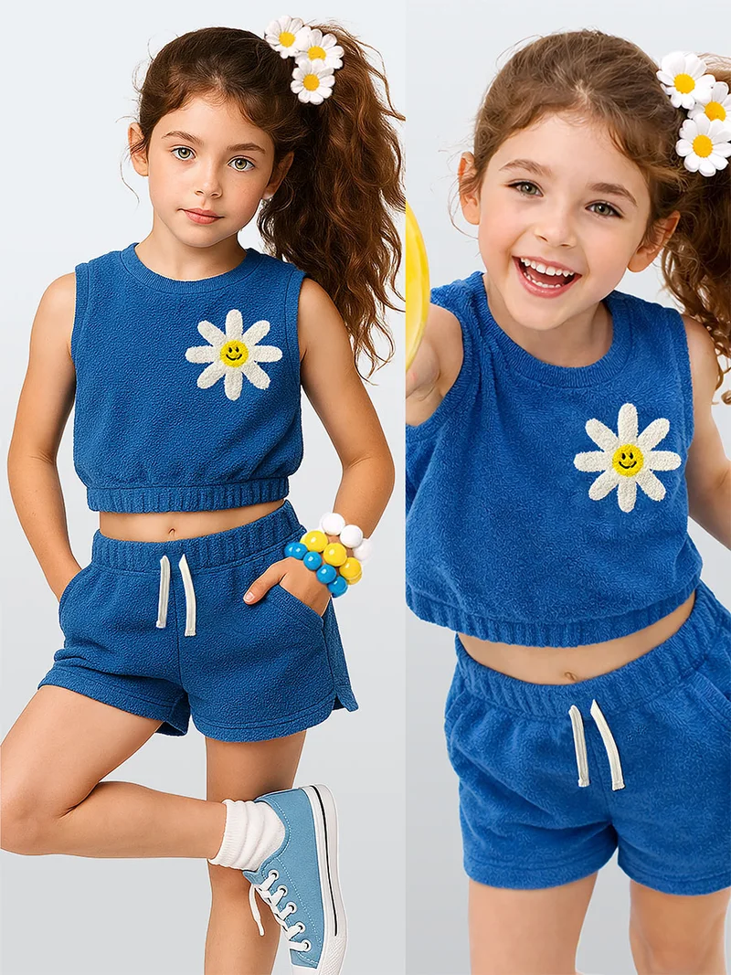 Denokids Girls Set Terry Cloth Crop Top&Shorts Daisy